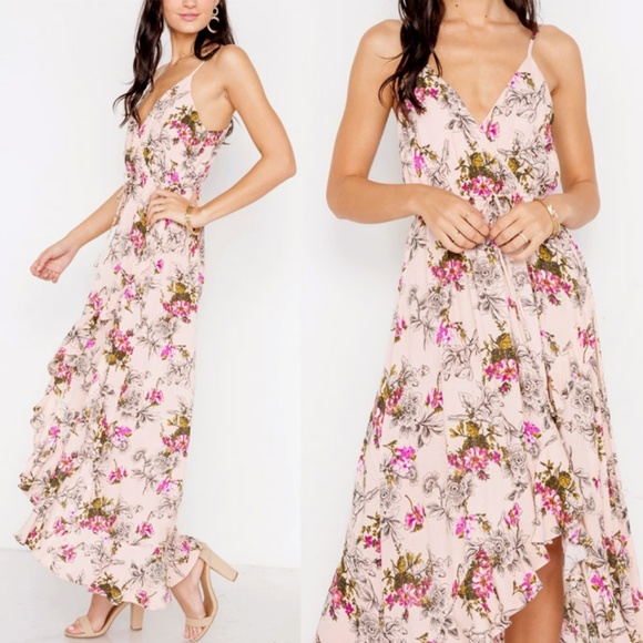 Nude Pink Floral V-Neck Ruffle Skirt Maxi Dress - Picture 7 of 8